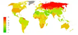 100,000人あたりの自殺者数。男性が左、女性が右（2016年のデータ）。自殺率の高さは、赤＞黄＞緑。