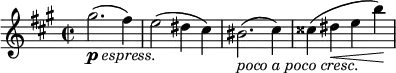  \relative g'' { \key a \major \time 2/2 gis2._\markup { \dynamic p \italic espress. }( fis4) | e2( dis4 cis) | bis2._\markup { \italic { poco a poco cresc. } }( cis4) | cisis( dis\< e b'\!) }