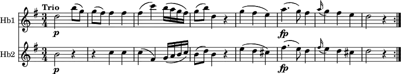 
<< 
\new Staff \with { instrumentName = #"Hb1 "}  
  \relative c'' {
     \version "2.18.2"
     \key g \major
     \tempo "Trio"
     \time 3/4
    d2 \p  b'8 (g)
    g (fis) fis4 fis 
    fis (c') b16 (a g fis)
    g8 (b) d,4 r4
    g (fis e)
    a4.\fp (g8) fis4
    \grace a16 (g4) fis e
    d2 r4 \bar ":|." 
  }
\new Staff \with { instrumentName = #"Hb2 "}
  \relative c'' {
    \key g \major
    \time 3/4
   b2\p r4
   r4 c c
   c (fis,) g16 (a b c)
   b8 (d) b4 r4
    e4 (d cis) 
    fis4.\fp (e8) d4
     \grace fis16 (e4) d cis
    d2 r4 \bar ":|."
  }
>>
