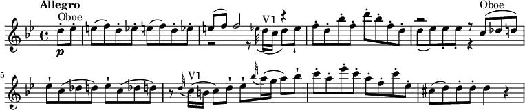 
\relative c'' {
   \version "2.18.2"
   \key bes \major
   \time 4/4
   \tempo "Allegro"
   \tempo 4 = 120
\partial4 d8-. \p ^ \markup {Oboe} es-.
e (f) d-. ees!-. e (f) d-. ees!-.
 <<{e8 (f) f2 r4}  \\  {r2 r8  \grace ees32 (d16) ^\markup {V1} (c d8) [ees-!]}>>
f8-. d-. bes'-. f-. d'-. bes-. f-. d-.
 <<{r2 r8 c8^ \markup {Oboe} (des d)}  \\  {d (ees) ees-. ees-. r4}>>
 ees8-!  c  (des d) ees-!  c  (des d)
 r8  \grace d32 (c16)  ^\markup {V1}  (b c8) d8-! ees-!  \grace bes'32 (a16) (g a8) bes-!
 c-. a-. ees'-. c-. a-. f-. c'-. ees,-.
 cis (d) d-. d-. d4 r
}
