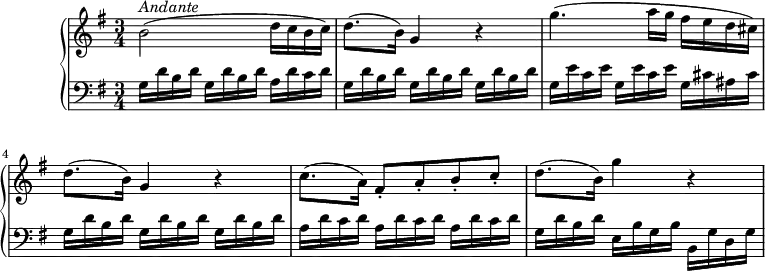 
\version "2.18.2"
\header {
  tagline = ##f
}
upper = \relative c'' {
    \tempo "Andante"
    \key g \major
    \time 3/4
    \tempo 4 = 56
    b2^\markup{ \italic {Andante} } (d16 c b c)
    d8. (b16) g4 r
    g'4. (a16 g fis e d cis)
    d8. (b16) g4 r
    c8. (a16) fis8-. a-. b-. c-.
    d8. (b16) g'4 r
  }

lower =\relative c' {
    \clef "bass"
    \set Staff.midiMinimumVolume = #0.2 \set Staff.midiMaximumVolume = #0.5
    \key g  \major
    \time 3/4
     \repeat unfold 2 { g16 d' b d } a d c d
     \repeat unfold 3 { g,16 d' b d }
     \repeat unfold 2 { g,16 e' c e } g, cis ais cis
     \repeat unfold 3 { g16 d' b d }
     \repeat unfold 3 { a16 d c d }
     g,16 d' b d e, b' g b b, g' d g
  }
\score {
  \new PianoStaff <<
    \new Staff = "upper" \upper
    \new Staff = "lower" \lower
  >>
  \layout {
    \context {
      \Score
      \remove "Metronome_mark_engraver"
    }
  }
  \midi { }
}
