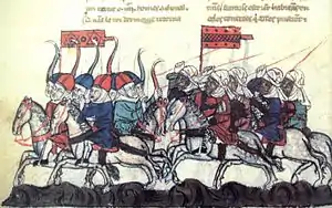 Colorful medieval depiction of a battle. Several figures are shown on horseback riding to the left, with a group of everal Mongols being chased by Muslims