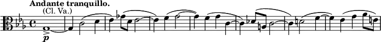 
\relative c' {
 \key es \major \time 4/4 \set Score.tempoHideNote = ##t \tempo "Andante tranquillo." 4=70 \clef alto
 g1_> \p ^\markup { (Cl. Va.) } ~ g4 c2( d4 es) ges8( d es2~ es4) f( g2~ g4) f( g c,~
 c) des8( a c2~ c4) d!2( f4~ f) es( g aes8 e)
}
