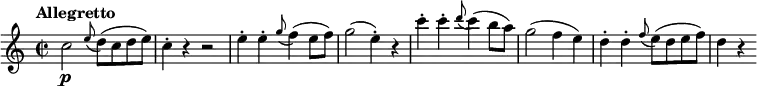 
\version "2.18.2"
\relative c'' {
  \key c \major
  \time 2/2
  \tempo "Allegretto "
  \tempo 4 = 120
  c2 \p \grace e8 (d) (c d e)
  c4-. r4 r2
  e4-. e-. \grace g8 (f4) (e8 f)
  g2 (e4-.) r
  c'4-. c-. \grace d8 (c4) (b8 a)
  g2 (f4 e)
  d4-. d-. \grace f8 (e) (d e f)
  d4 r 
}
