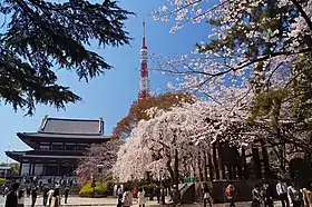 春の東京タワーと増上寺（2011年撮影）