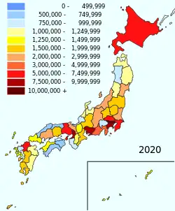 2020年（令和2年）時点の都道府県別人口を表した図。