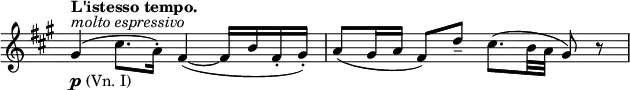 
\relative c' \new Staff \with { \remove "Time_signature_engraver" } {
 \key fis \minor \time 4/4 \tempo "L'istesso tempo."
  gis'4_\markup { \dynamic p (Vn. I) } ^\markup \italic { molto espressivo }
  ( cis8. a16-.) fis4~( fis16 b fis-. gis-.)
  a8( gis16 a fis8) d'-- cis8.( b32 a gis8) r
}
