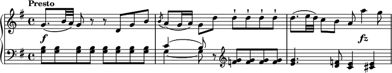 
 \relative c' {
  \new PianoStaff <<
   \new Staff { \key g \major \time 4/4 \tempo "Presto"
    {
    g'8. (b32 a) g8 r r d g b \slashedGrace b8 (a) (g16 a) g8 d' d-! d-! d-! d-! d8. (e32 d) c8 b a a'4 g8
    }
   }
   \new Dynamics {
    s1\f s1. s8 s4.\fz
   }
   \new Staff { \key g \major \time 4/4 \clef bass
    <b,, g>8 <b g> <b g> <b g> <b g> <b g> <b g> <b g> <<
    {c4 (b8)}
    \\
    {g4~ g8} >>
     r \clef treble <g' f> <g f> <g f> <g f> <g e>4. <f d>8 <e c>4      <e cis>
     }
     >>
    }
