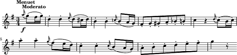 
\version "2.18.2"
\relative c'' {
  \key g \major
  \time 3/4
  \tempo "Menuet "
  \tempo 4 = 122
  \partial 4 \grace a'16^\markup { \bold Moderato } \f (g8) (fis16 g)
  d4-. d-. \grace e16 (d8) (cis16 d)
  b4-. b-. \grace c!16 (b8) (a16 g)
  fis8-. g-. gis-. a-. bes-. b-.
  c4 r \grace d16 (c8) (b16 c)
  a'4-. a-. \grace g16 (fis8) (e16 d)
  c4-. c-. \grace c16 (b8) (a16 g)
  a8-. b-. c-. d-. e-. fis-.
  g4 r8-.
}
