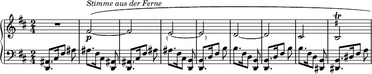 
 \new PianoStaff <<
 \new Staff \relative c'{\time 2/4 \key b \minor R1*1/2 \shape #'((0 . -1) (0 . 0) (0 . 0) (9 . 0)) Slur fis2^(\p~^\markup \italic {Stimme aus der Ferne} fis \once \override TextScript.outside-staff-padding = #-1 e~_\markup \right-align {\tiny"("} \once \override TextScript.outside-staff-padding = #-1 e~_\markup {\tiny"　)"} d~ d cis \override TextScript.outside-staff-priority = ##f \override TextScript.avoid-slur = #'inside \override Script.outside-staff-priority = ##f \override Script.avoid-slur = #'inside \override TextScript #'Y-offset = #1 b\trill^\markup \teeny{ \sharp })
}
 \new Staff \relative c {\clef bass \key b \minor 
<ais d,>8.[ cis16 fis8] ais ais8.[ fis16 cis8] <ais d,> <ais d,>8.[ cis16 fis8] ais ais8.[ fis16 cis8] <b d,> <b d,>8.[ d16 fis8] b b8.[ fis16 d8] <b d,> <b d,>8.[ d16 fis8] b b8.[ fis16 d8] <b dis,> <b dis,>8.[ dis16 fis8] a }
>>
