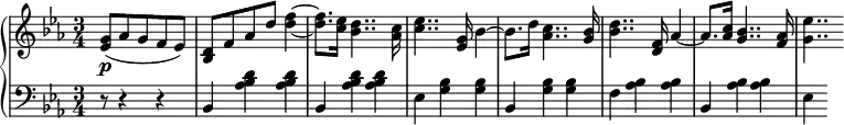 
 \relative c' {
  \new PianoStaff <<
   \new Staff { \key c \minor \time 3/4 \set Timing.measurePosition = #(ly:make-moment -5/8)
     \set Score.tempoHideNote = ##t
     \tempo "" 2. = 56
      <ees g>8( aes g f ees) | <bes d> f' aes d <d f>4~ <d f>8.[ <c ees>16] <bes d>4.. <aes c>16 <c ees>4.. <ees, g>16 bes'4~ bes8.[ d16] <aes c>4.. <g bes>16 <bes d>4.. <d, f>16 aes'4~ \stemUp aes8.[ <aes c>16]  \stemNeutral <g bes>4.. <f aes>16 <g ees'>4..
   }
   \new Dynamics {
    s\p
      }
   \new Staff { \key c \minor \time 3/4 \clef bass \set Timing.measurePosition = #(ly:make-moment -5/8)
      r8 r4 r bes,, <aes' bes d> <aes bes d> bes, <aes' bes d> <aes bes d> ees <g bes> <g bes> bes, <g' bes> <g bes> f <aes bes> <aes bes> bes, <aes' bes> <aes bes> ees
   }
  >>
 }
