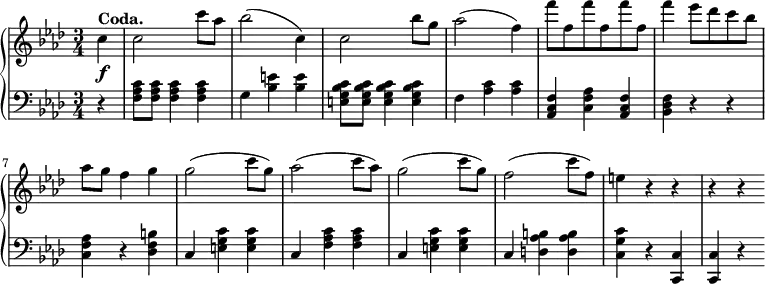 
 \relative c' {
  \new PianoStaff <<
   \new Staff { \key f \minor \time 3/4 \partial 4 \set Score.tempoHideNote = ##t \tempo "" 2. = 64 

        c'^\markup {\bold Coda.} c2 c'8[ aes] bes2( c,4) c2 bes'8[ g] aes2( f4) f'8[ f, f' f, f' f,] f'4 ees8[ des c bes] aes g f4 g g2( c8[ g)] aes2( c8[ aes)] g2( c8[ g)] f2( c'8[ f,)] e4 r r r r
      }
   \new Dynamics {
    s\f
      }
   \new Staff { \key f \minor \time 3/4 \clef bass \partial 4
      r4 <f,, aes c>8[ <f aes c>] <f aes c>4 <f aes c> g4 <bes e> <bes e> <e, g bes c>8[ <e g bes c>] <e g bes c>4 <e g bes c> f <aes c> <aes c> <aes, c f> <c f aes> <aes c f> <bes des f> r r <c f aes> r <des f b> c <e g c> <e g c> c <f aes c> <f aes c> c <e g c> <e g c> c <d as' b> <d as' b>  <c g' c> r<c c,> <c c,> r
      }
  >>
 }
