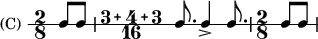 
 { \new RhythmicStaff \with {instrumentName ="(C) "} \time 2/8 [c8 c8] | \compoundMeter #'(3 4 3 16) c8. c4-> c8.  | \time 2/8 [c8 c8] | }
