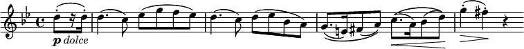 \relative c'' {
\time 4/4
\key g \minor
\partial 4 d8-.[(_\markup{\dynamic "p" \italic "dolce"} r16 d16-.]) | d4.( c8) es( g f es) | d4.( c8) d( es bes a) | 
g8.[(\( e16) fis8( a])\) c8.[(\(\< a16) bes8( d])\)\! | g4-.(\> fis-.)\! r
}