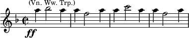  \relative c''' {\time 2/2 \key f \major \set Score.tempoHideNote = ##t \tempo "" 2 = 92 a4_\markup{\right-align \dynamic ff}^\markup{\center-align\smaller {(Vn. Ww. Trp.)}} bes2 a4 a f2 a4 a c2 a4 a f2 a4} 