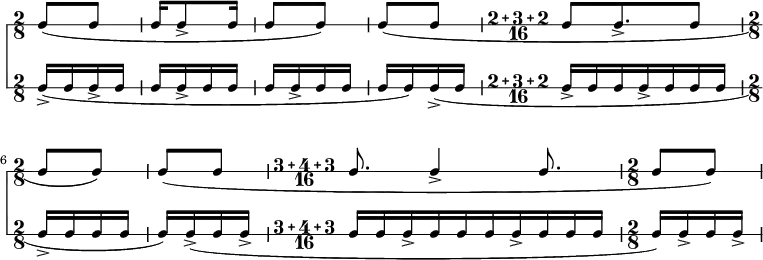 
<<
 { \new RhythmicStaff \time 2/8 [c8-( c] | [c16 c8-> c16]  | [c8 c-)] |
                [c8-( c] | \compoundMeter #'(2 3 2 16) [c8 c8.-> c8]  | \time 2/8 [c8 c-) ] |  [c8-( c] |\compoundMeter #'(3 4 3 16) c8. c4-> c8.  | \time 2/8 [c8 c8-)] |}
 { \new RhythmicStaff \time 2/8 [ c16->-( c c-> c ] | [ c c-> c c ] | [ c c-> c c] | 
                [ [ c c-) c->-( c ]  | \compoundMeter #'(2 3 2 16) [c-> c c c-> c c c ] | \time 2/8 [ c-> c c c ] | [ c-) c->-( c c-> ] |\compoundMeter #'(3 4 3 16) [ c c c->  c c c c->  c c c ] | [ c-) c-> c c-> ] }
>>
