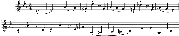 
\version "2.18.2"
\header {
  tagline = ##f
}

\score {
  \new Staff \with {

  }
<<
  \relative c' {
    \key c \minor
    \time 3/4  
    \tempo 4 = 135
    \override TupletBracket #'bracket-visibility = ##f 

     %%Mozart — Concerto 24, mvt 1, th. 1
     c2.( ees2.) aes2( g4) fis-! ees'-! r8. fis,16 aes4( g f) e-! des'-! r8. e,16 ges4( f ees) \break 
     d-! b'-! r8. d,16 ees4-! c'-! r8. ees,16 aes4 aes,4( a bes b c) f g g, c

  }
>>
  \layout {
     \context { \Score \remove "Metronome_mark_engraver" }
  }
  \midi {}
}
