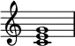 
{
\override Score.TimeSignature #'stencil = ##f
\relative c' {
   \clef treble
   \time 4/4
   \key c \major
   <c e g>1
   }
}
