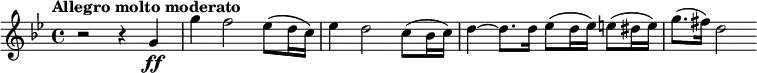  \relative g' { \key g \minor \time 4/4 \tempo "Allegro molto moderato" r2 r4 g4\ff | g' f2 es8( d16 c) | es4 d2 c8( bes16 c) | d4~ d8. d16 es8( d16 es) e8( dis16 e) | g8.( fis16) d2 }