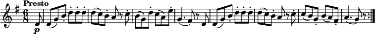 
\version "2.18.2"
\relative c'' {
  \key g \major
  \time 6/8
  \tempo "Presto "
  \tempo 4 = 220
  \partial 8 d,8 \p
  d (g) b-. d-. d-. d-.
  d (c) b-. a r c-.
  b (g) d'-. c (a) e'-.
  g,4. (fis8) r d
  d (g) b-. d-. d-. d-.
  d (c) b-. a r c-.
  c (b) g-. b (a) fis-.
  a4. (g8) r \bar ":|."
}
