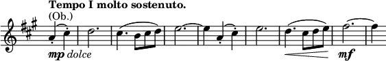 
\relative c' \new Staff \with { \remove "Time_signature_engraver" } {
 \key a \major \time 3/4 \partial 2 \tempo "Tempo I molto sostenuto."
  a'4-._\markup { \dynamic mp \italic dolce } ^\markup (Ob.) ( cis-.) d2. cis4.( b8 cis d) e2.~ e4
  a,-.( cis-.) e2. d4.\<( cis8 d e) fis2.~\mf fis4
}
