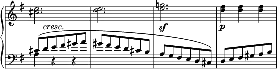 
 \relative c' {
  \new PianoStaff <<
   \new Staff \with { \remove "Time_signature_engraver" } { \key g \major \time 3/4
    <e' cis>2. <e d> <g! e>\sf <fis d>4\p <fis d> <fis d>
   }
   \new Staff \with { \remove "Time_signature_engraver" } { \key g \major \time 3/4 \clef bass
    <<
     { cis,8( d^\cresc e\! fis gis a gis fis e d cis b a g fis e d cis) d e fis gis a b }
    \\
     { a4 d,\rest d\rest  }
    >>
   }
  >>
 }
