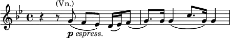  \relative g' { \key g \minor \time 4/4 r4 r8^\markup { (Vn.)} g8_\markup { \dynamic p \italic { espress. } }( f es) d16( es16) f8( | g8.) g16 g4( c8. g16) g4 }