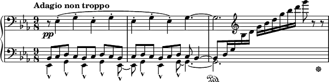 
 \relative c {
  \new PianoStaff <<
   \new Staff = "up" {
    \key es \major \time 9/8 \clef bass \tempo \markup { Adagio non troppo } 
     r8\pp es4-.( g-. es-. g-. | es-. g-. es-.) g4.~ | g2.
   }
   \new Staff = "down "{
   \key es \major \time 9/8 \clef bass
    << 
     {
      bes,8 c d c bes c d c bes | c d c bes c d c bes4~ | bes8 d16 g \change Staff = "up" \clef treble \voiceTwo bes d g bes d g bes d g8 b,,\rest b\rest
     }
     \\
     { 
      es,,,4-^ g-^ es-^ g-^ es8-^~ | es g4-^ es-^ g8-^~ g4.~ | << g2.\sustainOn s4. { s2 s4... s32\sustainOff } >>
     }
    >>
   }
  >>
 }
