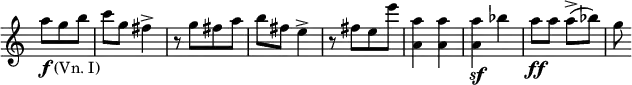 
\relative c' \new Staff \with { \remove "Time_signature_engraver" } {
 \key c \major \time 2/4 \partial 4.
 a''8_\markup { \dynamic f (Vn. I) } [ g b] c g fis4-> r8 g[ fis a] b fis e4->
 r8 fis[ e e'] <a, a,>4 <a a,> <a a,>\sf bes a8\ff a a->( bes) g
}
