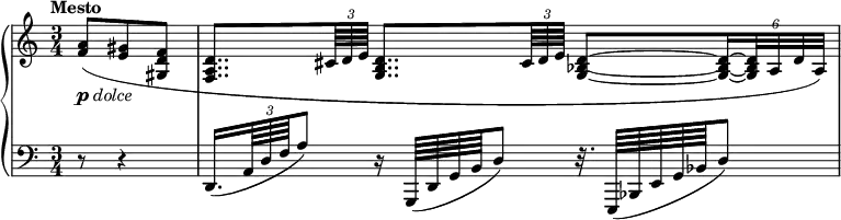 
 \relative c' {
  \new PianoStaff <<
   \new Staff { \key a \minor \set Score.tempoHideNote = ##t \tempo "Mesto" 8=58 \time 3/4 \partial 4.
    \override Score.NonMusicalPaperColumn #'line-break-permission = ##f
    \override TupletBracket.bracket-visibility = ##f
    <a' f>8( <gis e> <f d gis,>
    <d a f>8..[ \times 2/3 { cis64 d e] } <d b g>8..[ \times 2/3 { cis64 d e] }
    <d~ bes~ g~>8[ \times 4/6 { <d~ bes~ g~>16 <d bes g>32 a d a] ) }
   }
   \new Dynamics {
    s8-\markup{ \dynamic p \italic dolce }
   }
   \new Staff { \key a \minor \time 3/4 \clef bass
    \override TupletBracket.bracket-visibility = ##f
    r8 r4 d,,16.( ( \times 2/3 { a'64 d f } a8) r16 g,,64( [ d' g b d8] ) r32. e,,64( [ bes' e g bes d8] )
   }
  >>
 }
