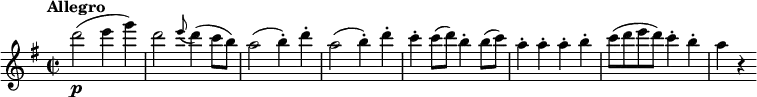 
\version "2.18.2"
\relative c'' {
  \key g \major
  \time 2/2
  \tempo "Allegro "
  \tempo 4 = 220
  d'2 \p (e4 g)
  d2 \grace e8 (d4) (c8 b) 
  a2 (b4-.) d-.
  a2 (b4-.) d-.
  c-. c8 (d) b4-. b8 (c)
  a4-. a-. a-. b-. 
  c8 (d e d) c4-. b-.
  a r
}
