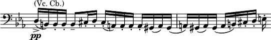 
\relative c \new Staff \with { \remove "Time_signature_engraver" } {
 \key es \major \time 4/4 \set Score.tempoHideNote = ##t \tempo "" 4=70 \clef bass
 d16-> ^\markup { (Vc. Cb.) } \pp ( b) b-. b-. b8-- cis16-. d-. cis-.( a) a-. a-. a-. gis( a) gis( a) gis( a) gis( a b) cis-. d-. e-.
}
