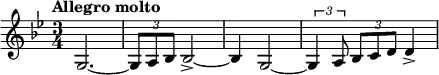  \relative g { \key g \minor \time 3/4 \tempo "Allegro molto" g2.\>~\f | \times 2/3 { g8 a bes } bes2->~ | bes4 g2~ | \times 2/3 { g4 a8 } \times 2/3 { bes c d } d4-> }