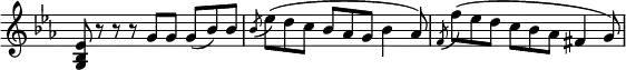 
 \relative c' {
  \new Staff \with { \remove "Time_signature_engraver" } { \key es \major \time 9/8
   <es bes g>8 r r r g g g( bes) bes \acciaccatura bes es( d c bes aes g bes4 aes8) \acciaccatura f f'( es d c bes aes fis4 g8)
  }
 }
