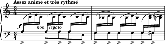  { \new PianoStaff \with {\override StaffGrouper.staff-staff-spacing.padding = #5 } << 
\new Staff = "right" {\key a \minor \time 3/4 \set Score.tempoHideNote = ##t \tempo "Assez animé et très rythmé" 4=138  \relative a 
{\shape #'((0 . 1) (0 . 1) (0 . 0.5) (0 . 0)) Slur
\stemUp \change Staff = "left" a16( \change Staff = "right" \stemDown  c e_\markup {\translate #'(1 . -6)  \italic non} c) 
\shape #'((0 . 1) (0 . 1) (0 . 0.5) (0 . 0)) Slur
\stemUp \change Staff = "left" a16( \change Staff = "right" \stemDown  c_\markup {\translate #'(-1.5 . -6) \italic legato} e c) 
\shape #'((0 . 1) (0 . 1) (0 . 0.5) (0 . 0)) Slur
\stemUp \change Staff = "left" a16( \change Staff = "right" \stemDown  c e c) 
\shape #'((0 . 3) (0 . 1) (0 . 0.5) (0 . 0.5)) Slur
\stemUp \change Staff = "left" g16( \change Staff = "right" \stemDown  bes d bes) 
\shape #'((0 . 1) (0 . 1) (0 . 0.5) (0 . 0)) Slur
\stemUp \change Staff = "left" g16( \change Staff = "right" \stemDown  bes d bes) 
\stemUp \change Staff = "left" g16( \change Staff = "right" \stemDown <bes d>) 
\shape #'((0.5 . 2) (0 . 1.5) (0 . 1.5) (0 . 1)) Slur
\stemUp \change Staff = "left" gis16( \change Staff = "right" \stemDown <b dis>) }
}
\new Dynamics {s8-\markup {\right-align \dynamic f} }
\new Staff = "left" {\clef bass \key a \minor \time 3/4
{a4_-_> a8_-_> a_-_> a_-_> e_-_> g_-_> g_-_> g_-_> g_-_> g_-_> gis_-_>}
}
>>
} 