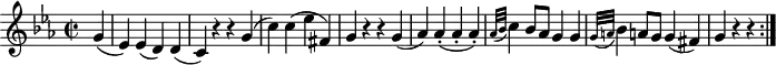 
\version "2.18.2"
\header {
  tagline = ##f
}

\score {
  \new Staff \with {

  }
<<
  \relative c'' {
    \key c \minor
    \time 2/2  
    \tempo 2 = 72
    \override TupletBracket #'bracket-visibility = ##f 

     %%Mozart — Concerto 24, mvt 3, th. 1
     \partial 4 g4
     (ees) ees (d) d
     (c) r4 r4 g'
     (c) c (ees fis,)
     g r4 r4 g4
     (aes) aes-. (aes-. aes-.)
     \grace { aes32 (bes } c4) bes8 aes g4 g
     \grace { g32 (a } bes4) a!8 g g4 (fis) 
     g r r \bar ":|."

  }
>>
  \layout {
     \context { \Score \remove "Metronome_mark_engraver" }
  }
  \midi {}
}
