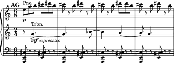 \version "2.14.1"
\relative c {
	\new PianoStaff <<
		\new Staff {
			\set Score.tempoHideNote = ##t
			\tempo 4 = 184
			\set Score.markFormatter = #format-mark-box-numbers
			\mark #32
			\time 6/8
			e''8^"Pno."\p a b cis dis b
			cis8 r b dis r b
			cis8 r b dis dis b
			cis8 r b dis r b
		}
		\new Staff {
			\time 6/8
			\set Staff.timeSignatureFraction = 2/4
			\scaleDurations 3/2 {
				r8 g,4.~^"Trbn."_\markup{\dynamic{mf} \italic{expressivo}}-> g bes8~ bes4 a~ a8 g4.
			}
		}
		\new Staff {
			\time 6/8
			\clef bass
			<a,,, e' cis'>8 r r <e' bis' cis> r r
			<a, e' cis'>8 r r <e' bis' cis> r r
			<a, e' cis'>8 r r <e' bis' cis> r r
			<a, e' cis'>8 r r <e' bis' cis> r r
		}
	>>
}