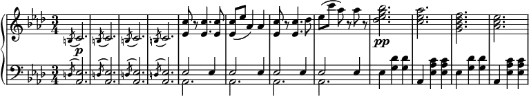 
 \relative b' {
  \new PianoStaff <<
   \new Staff { \key f \minor \time 3/4
    \set Score.tempoHideNote = ##t \tempo "" 2. = 48 
        \slashedGrace b,8( c2.) \slashedGrace b8( c2.) \slashedGrace b8( c2.) \slashedGrace b8( c2.) <ees c'>8 r <ees c'>4. <ees c'>8 <ees c'>( ees' aes,4) aes <ees c'>8 r <ees c'>4. des'8 ees[( c'] aes) r aes r <des, ees g bes>2.\pp <c ees aes> <g bes des f> <aes c ees>
   }
   \new Dynamics {
    s\p
    }
   \new Staff { \key f \minor \time 3/4 \clef bass
    <<
      { \slashedGrace d,,8( <ees aes,>2.) \slashedGrace d8( <ees aes,>2.) \slashedGrace d8( <ees aes,>2.) \slashedGrace d8( <ees aes,>2.) \stemUp ees2 ees4 ees2 ees4 ees2 ees4 ees2 ees4 }
    \\
      {s2. s s s aes, aes aes aes} 
    >>
{ees'4 <g des'> <g des'> aes, <ees' aes c> <ees aes c> ees4 <g des'> <g des'> aes, <ees' aes c> <ees aes c> }
      }
  >>
 }
