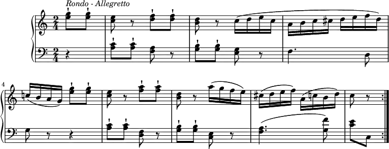 
\version "2.18.2"
\header {
  tagline = ##f
}
upper = \relative c'' {
    \tempo "Allegretto"
    \key c \major
     \time 2/4
    \tempo 4 = 110
    \partial 4 <e g>8-!^\markup{ \italic {Rondo - Allegretto} } <e g>-!
    <c e> r <d f>8-! <d f>-!
    <b d> r c16 (d e c a b c cis d e f d)
    c! (b a g) <e' g>8-! <e g>-!
    <c e> r <f a>-!  <f a>-!
    <b, d> r a'16 (g f e)
    cis (d e f) a, (c b d)
    c8 r  \bar ":|."
  }
lower =\relative c' {
    \clef "bass"
    \key c  \major
    \time 2/4
     \partial 4 r4
     <a c>8-! <a c>-! <f a> r
     <g b>8-! <g b>-! <e g> r
     f4. d8
     g r r4
      <a c>8-! <a c>-! <d, f> r
     <g b>8-! <g b>-! <c, e> r
     <f a>4. (<g f'>8)
     <c e> c,  \bar ":|."
  }
\score {
  \new PianoStaff <<
    \new Staff = "upper" \upper
    \new Staff = "lower" \lower
  >>
  \layout {
    \context {
      \Score
      \remove "Metronome_mark_engraver"
    }
  }
  \midi { }
}
