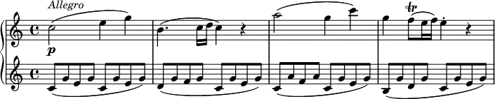 
\version "2.18.2"
\header {
  tagline = ##f
}
upper = \relative c'' {
    \tempo "Allegro"
    \tempo 4 = 130
    c2\p ^\markup{ \italic {Allegro} } (e4 g) \noBreak
    b,4.(c16 d c4) r \noBreak
    a'2( g4 c) \noBreak
    g f8\trill( e16 f) e4-. r \noBreak
  }

lower =\relative c' {
    \set Staff.midiMinimumVolume = #0.2 \set Staff.midiMaximumVolume = #0.5
    c8 (g' e g c, g' e g)
    d (g f g c, g' e g)
    c, (a' f a c, g' e g)
    b, (g' d g c, g' e g)
  }
\score {
  \new PianoStaff <<
    \new Staff = "upper" \upper
    \new Staff = "lower" \lower
  >>
  \layout {
    \context {
      \Score
      \remove "Metronome_mark_engraver"
    }
  }
  \midi { }
}
