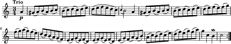 
\version "2.18.2"
\relative c'' {
  \key a \minor
  \time 3/4
  \tempo "Trio "
  \tempo 4 = 138
  \partial 4 a\p
  gis8 (a) b (a) b (c)
  b (c) d (c) d (e) 
  d (e f e d c)
  \grace c4 (b2) a4
  gis8 (a) b (a) b (c)
  b (c) d (c) d (e) 
  d (e) f (e) f (g) 
  f (g) a (g) f (e)
  d (c) b (a) g (f) 
  e (f) g (e) f (d) 
  e (f) g (e) f (d) 
  e (g) f (a) g (b) 
  a (c) b (d) c (e) 
  d (f) e (g) f (a) 
  g4 c, b\mordent
  c2 \bar ":|."
}
