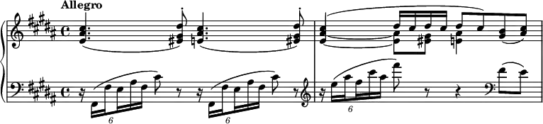 
\relative c'' {
  \new PianoStaff <<
   \new Staff { \key b \major \time 4/4 \set Score.tempoHideNote = ##t \tempo "Allegro" 4=120
    <<
     { <cis ais e>4._( <dis gis, eis>8-.) <cis ais e>4._( <dis gis, eis>8-.) cis4( dis16 cis dis cis dis8 cis) <b gis>_( <cis ais>) }
    \\
     { s1 \stemUp <ais~ e~>4 \stemDown <ais e>8 <gis eis> <ais e>4 }
    >>
   }
   \new Staff { \key b \major \time 4/4 \clef bass
   \override TupletBracket.bracket-visibility = ##f
   \set subdivideBeams = ##t
   \set baseMoment = #(ly:make-moment 1/8)
   \stemDown
    \times 4/6 { r16 fis,,( fis' e ais fis } cis'8) r \times 4/6 { r16 fis,,( fis' e ais fis } cis'8) r
    \clef treble \times 4/6 { r16 e'( ais fis cis' ais } fis'8) r r4 \clef bass fis,,8( e)
   }
  >>
 }
