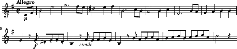 
\relative c'' {
  \version "2.18.2"
    \key g \major
    \time 2/2
    \tempo "Allegro"
    \tempo 4 = 160
  \partial 4 e,8\p g
  b2 e
  g2. fis8 e
  dis2 e4 fis
  b,2. c8 b
  a2 b4 c
  fis,2. b8 a
  g4 a b b
  e, r8 e-.\f dis-. e-. fis-. dis-.
  b4 r8_\markup{\italic simile} fis' e fis g e
  b4 r8 g'8 fis g a fis
  g a b g a b c a
  b2 r4
  }
