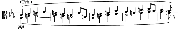 
\relative c' \new Staff \with { \remove "Time_signature_engraver" } {
 \key es \major \time 4/4 \set Score.tempoHideNote = ##t \tempo "" 4=70 \clef tenor
 <<
  { c^\markup (Trb.) ( d e f e d c e8 a,! c4 d e g f e a bes8 g aes4 g8) a,\rest }
 \\
  { g4\pp ( b c2~ c4 b a2 g4 b c d c2 e4 f f e8) }
 >>
}
