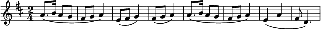 
 \relative d''{
   \key d \major
   \time 2/4

% 1st time
   a8. (b16 a8 g8 fis8 g8 a4) e8 (fis8 g4) fis8 (g8 a4) 

% 2nd time
   a8. (b16 a8 g8 fis8 g8 a4) e4 (a4 fis8 d4.)
  }
