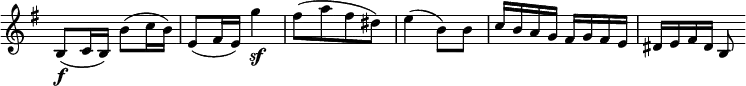 
 \relative c' {
  \new Staff \with { \remove "Time_signature_engraver" } { \key e \minor \time 2/4
   b8\f( c16 b) b'8( c16 b) e,8( fis16 e) g'4\sf fis8[( a fis dis)] e4( b8) b c16 b a g fis g fis e dis e fis dis b8
  }
 }
