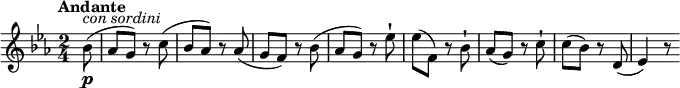 
\relative c''' {
  \version "2.18.2"
  \tempo "Andante"
  \key ees \major
  \time 2/4
  \tempo 4 = 50	
  \partial 4 \partial 8 bes,8\p^\markup { \italic {con sordini} } (aes g) r8
  c8 (bes aes) r8
  aes (g f) r8 bes (aes g) r8
  ees'-! ees (f,) r8 bes-!
  aes (g) r8 c-!
  c (bes) r8
  d, (ees4) r8
}
