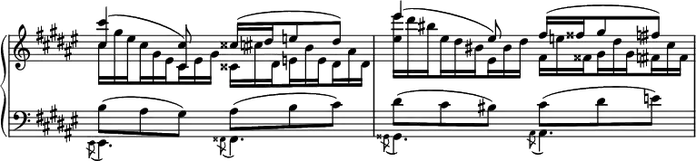 
\relative c''' {
  \new PianoStaff <<
   \new Staff \with { \remove "Time_signature_engraver" } { \key fis \major \time 6/8 \set Score.tempoHideNote = ##t \tempo "" 4.=72
    <<
     {
      \grace s8 <cis cis,>4( <cis, cis,>8) cisis16( dis e8 dis)
      eis'4( eis,8) fis16( fisis gis8 fis)
     }
    \\
     {
      \set subdivideBeams = ##t
      \set baseMoment = #(ly:make-moment 1/8)
      cis16*2/3 gis' eis cis gis eis cis eis gis cisis, cis' dis, e b' e, dis ais' dis,
      <eis'' eis,> dis bis eis, dis bis eis, bis' dis fis, e' fisis, gis dis' gis, fis cis' fis,
     }
    >>
   }
   \new Staff \with { \remove "Time_signature_engraver" } { \key fis \major \time 6/8 \clef bass
    <<
     { \stemDown b,8( ais gis) ais( b cis) dis( cis bis) cis( dis e) }
    \\
     {
      \acciaccatura eis,,8 eis4. \acciaccatura fisis8 fisis4.
      \acciaccatura gisis8 gisis4. \acciaccatura ais8 ais4.
     }
    >>
   }
  >>
 }
