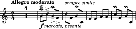 
\relative c'' \new Staff {
 \key a \minor \set Score.tempoHideNote = ##t \tempo "Allegro moderato" 4=104 \time 2/4
  \compressEmptyMeasures R2*4 b8\mordent \tenuto \accent _\markup { \dynamic f \italic { marcato, pesante } }
  d\tenuto \accent b^\mordent _\tenuto _\accent g_\tenuto _\accent
  d'^\markup { \italic { sempre simile } } g, b\mordent c, f f a a
  c\mordent g b\mordent c,
}
