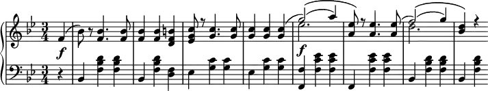 
 \relative c' {
  \new PianoStaff 
<<
   \new Staff { \key g \minor \time 3/4 \partial 4 \set Score.tempoHideNote = ##t \tempo "" 2. = 64 
 f4( bes8) r8
    <<
   {
     <f bes>4. <f bes>8 <f bes>4 <f bes> <d f b> <ees g c>8 r <g c>4. <g c>8 <g c>4 <g c> <g c>( g'2)(\( a4) <a, ees'>8\) r <a ees'>4. <a ees'>8( f'2)(\( g4) <bes, d>\) r
   }
    \\
   {
     s4. s8 s4 s s s8 s s4. s8 s4 s s ees2.\f s8 s s4. s8 d2.
   }
    >>
   }
   \new Dynamics {
    s\f
      }
   \new Staff { \key g \minor \time 3/4 \clef bass \partial4
      r4 bes,, <f' bes d> <f bes d> bes, <f' bes d> <d f> ees <g c> <g c> ees <g c> <g c> <f, f'> <f' c' ees> <f c' ees> f, <f' c' ees> <f c' ees> bes, <f' bes d> <f bes d> bes, <f' bes d>
   }
  >>
 }
